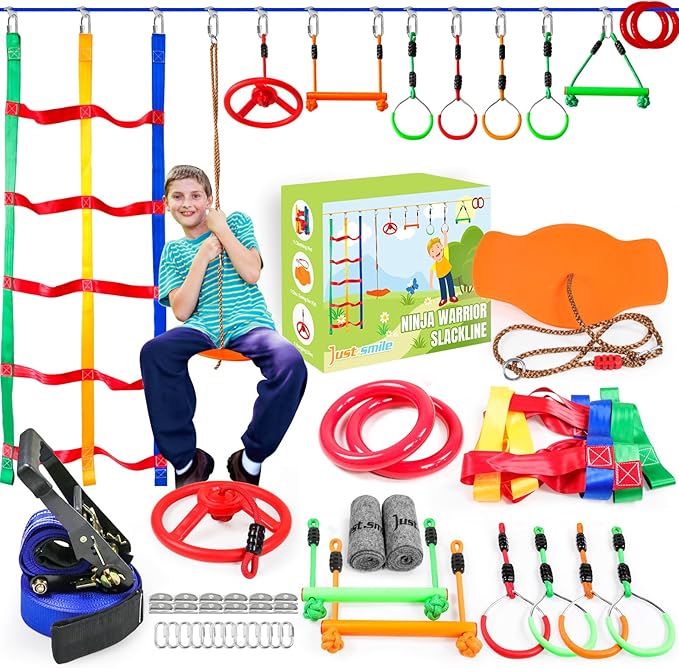 Ninja Warrior Obstacle Course for Kids Outside-Ninja Slackline 52ft with 11 Durable Obstacles-Climbing Net,Wheel, Warrior Gymnastics & Monkey Bars,Slack Lines for Backyard for Kids.