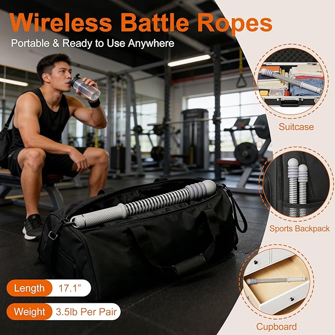 Adjustable Ropeless Battle Ropes, Portable Cordless Battle Ropes for Home Gym, Workout Equipment Exercise Rope for Low-Impact Workout, Strength & HIIT, for Men & Women (Grey)