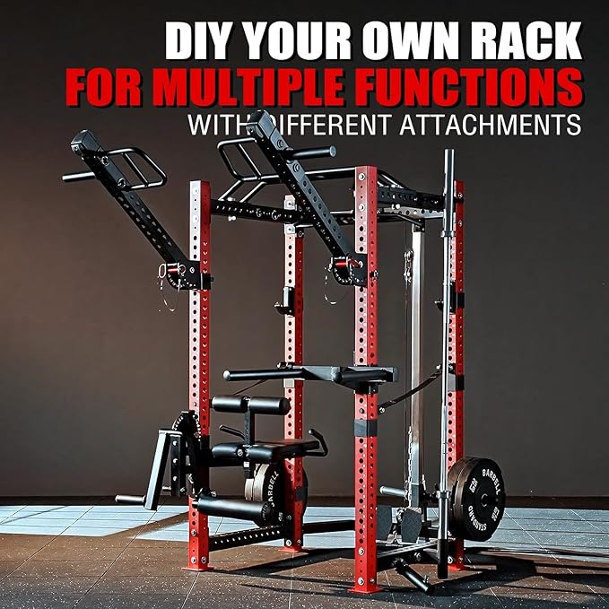 Mikolo 3"x3" Power Cage, Multi-Function Power Rack with LAT Pull Down Pulley System, Commercial Squat Rack for Home Gym with 3x3 Attachment, 1500 lbs Weight Capacity