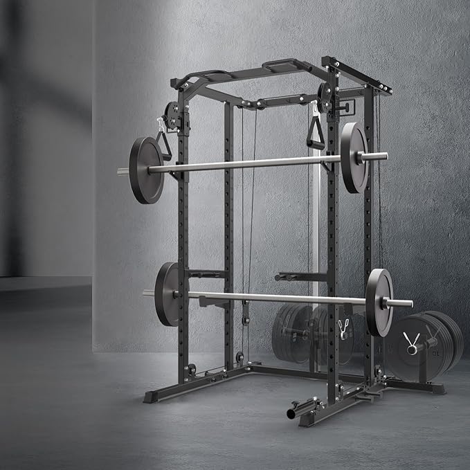 2000 LBS Power Cage,All in One Squat Power Rack with Dual Pulley Cable Crossover System,Heavy-Duty Steel Construction Squat Rack for Strength Training Home gym