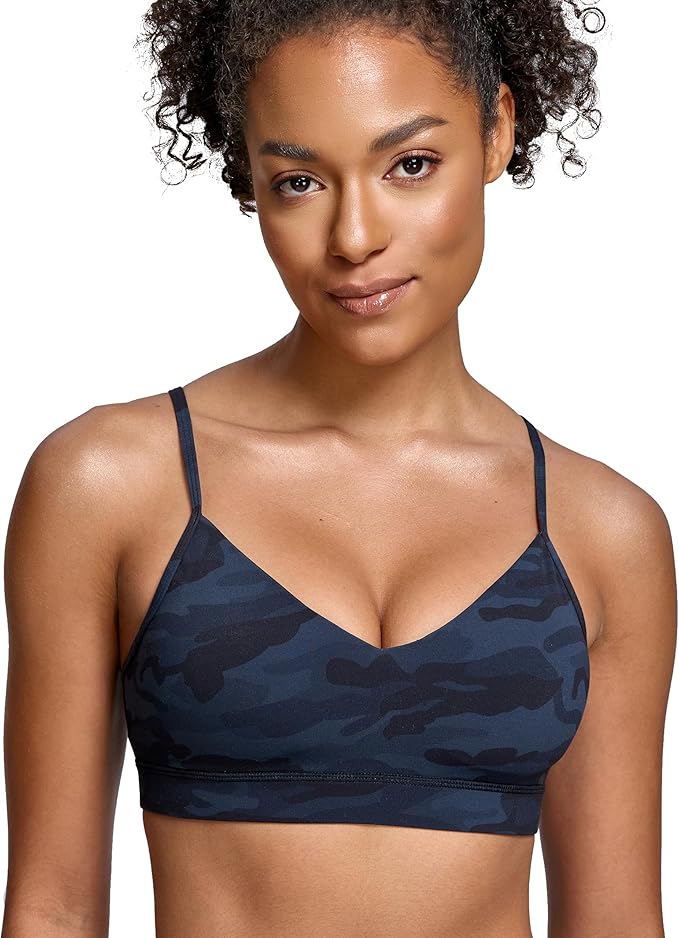 Oalka V Neck Sports Bra for Women Adjustable Padded Thin Straps Wireless Yoga Bras