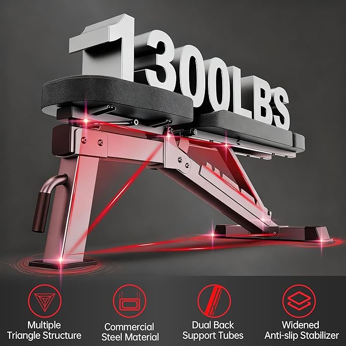 JOROTO Adjustable Weight Bench, 1300LBS Workout Bench for Home Gym Strength Training, Incline Decline Flat Bench Press with Wheels and Extended Backrest, Foldable Exercise Bench for Full Body Workout