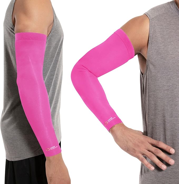 Copper Compression Arm Sleeve - Copper Infused Full Arm Brace for Forearm, Bicep, Triceps - Tennis Elbow, Basketball, Golf, Arthritis, Tendonitis, Bursitis, Post Surgery Rehab - Odor Resistant - Pink - Mm