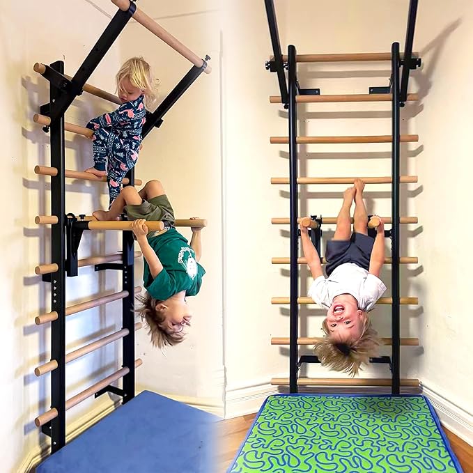 PreGymnastic Stall Bars, Swedish Ladder for Adult and Kids, Wall Bar with Wood Rods, Durable Steel Frame, Adjustable Pull Up and Dip for Strength, Flexibility at Home Gym, Studio