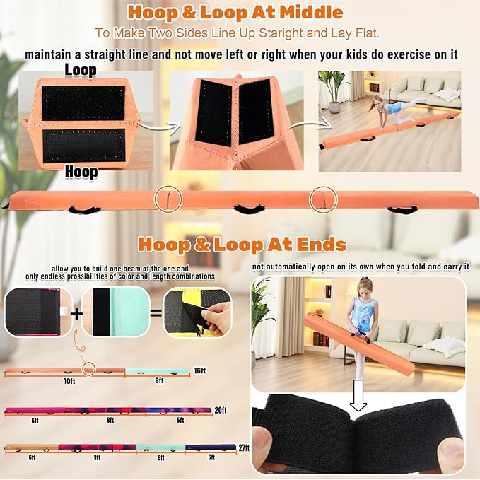 MARFULA 6 FT / 8 FT / 9 FT Folding Gymnastics Beam Foam Balance Floor Beam - Extra Firm - Suede Cover - Anti Slip Bottom with Carry Bag for Kids/Adults Home Use
