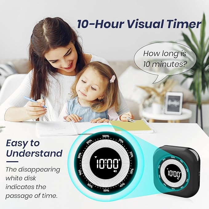 PERSUPER Visual Timer for Kids, 10 Hours Countdown/Up, with Rechargeable, 3 Volume Levels，3 Brightness Display, and Magnetic, Homeschool Study Tool, Large Digital Timers for Classroom, Kitchen