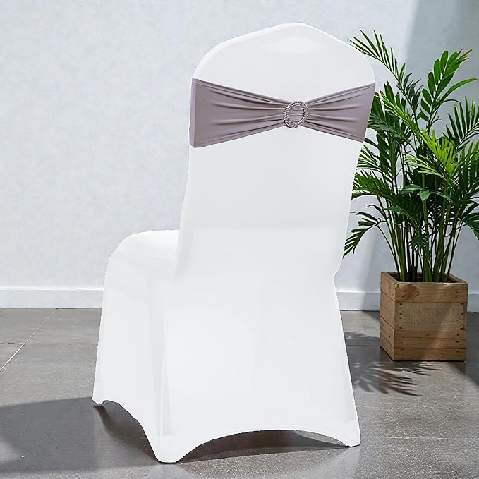 VDS - Silver Grey | Spandex Chair Sashes Bows | 100 PCS | Stretch Elastic Banquet Universal Folding Chair Band Tie with Silver Buckle Slider for Wedding Party Conference Celebration Event Decoration