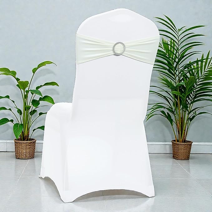MDS Pack of 50 Spandex Chair Sashes Bow Premium Stretch Chair Cover Band with Buckle Slider Universal fits Elastic Dining Chair Ties for Wedding Party Banquet Events Decoration - Ivory