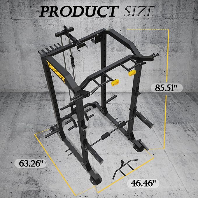 ToughFit 2024 Upgraded T2 Power Cage Muti-Function Power Rack with LAT Pulldown System Squat Rack with Weights and Bar Set for Home Gym with Unique Training Attachment