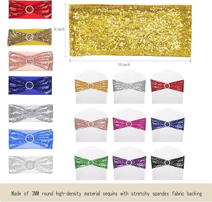 Dimatic 50 PCS Stretch Sequin Chair Sashes Chair Stretchy Spandex Bands for Wedding Reception Events Banquets Chairs Decoration (Rose Gold)