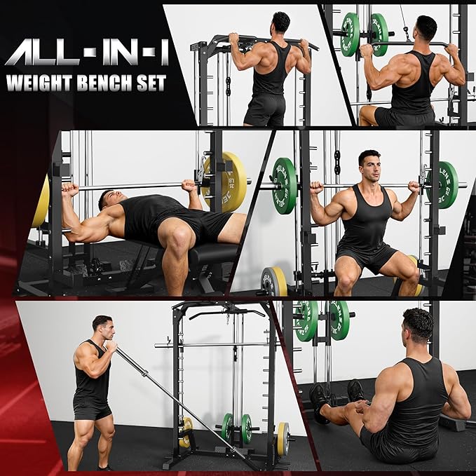 JELENS SR01 Smith Machine, 2000LBS Multi-Function Power Cage with LAT Pulldown System, All-in-One Home Gym Squat Rack with Smith Bar and Training Attachments for Full Body Workouts