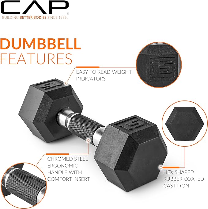 CAP Barbell Coated Hex Dumbbell Weight - Single | 10-120 lbs | Multiple Options