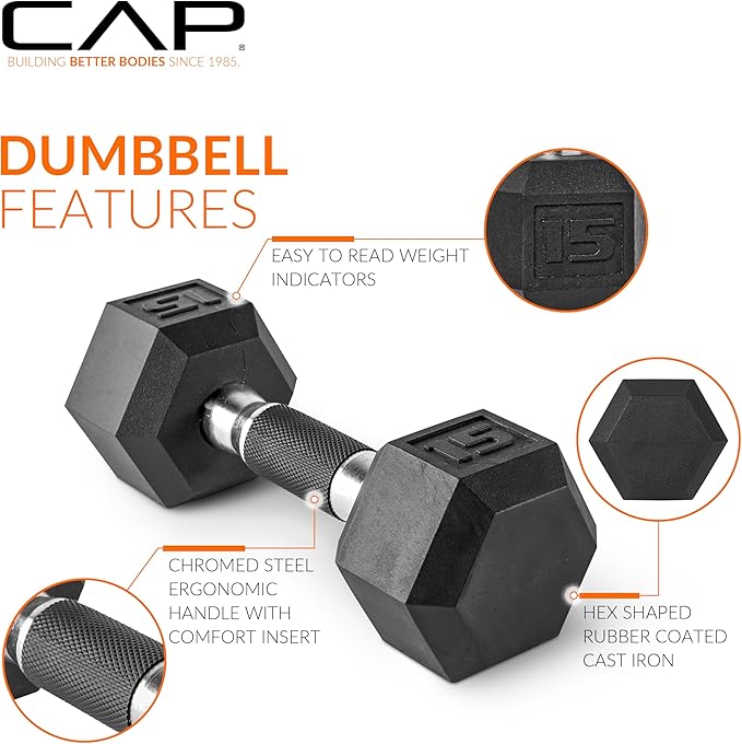 CAP Barbell Coated Hex Dumbbell Weight - Single | 10-120 lbs | Multiple Options