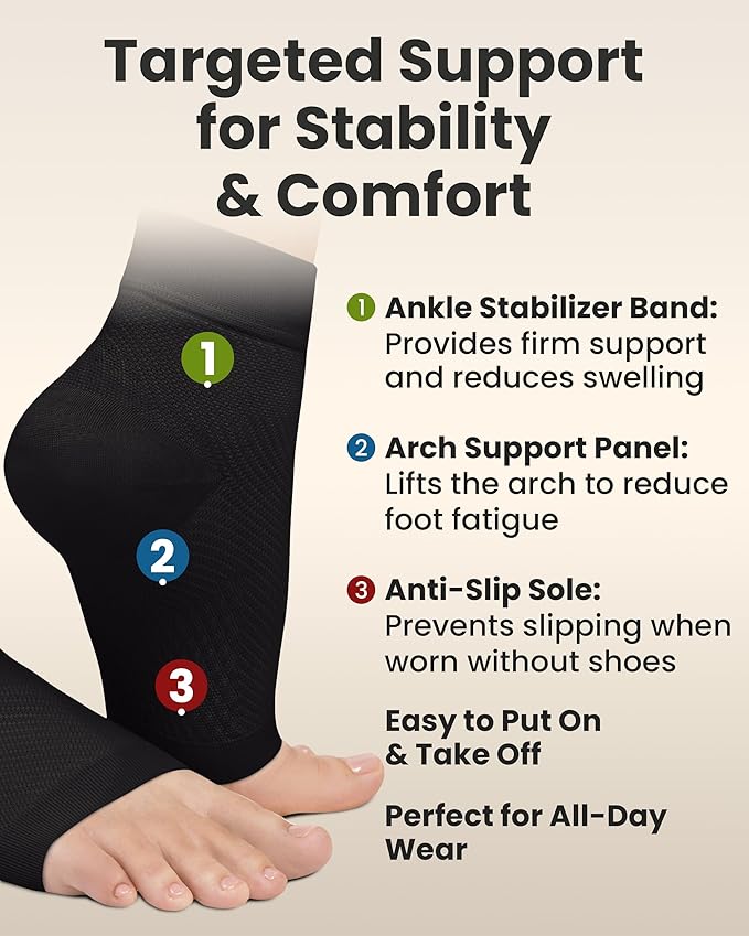 KEMFORD Ankle Compression Sleeve - 1-Pair, Plantar Fasciitis Braces - Open Toe Compression Socks for Swelling, Sprain, Neuropathy, Foot Arch Support for Men and Women - 20-30mmhg, XL, Black