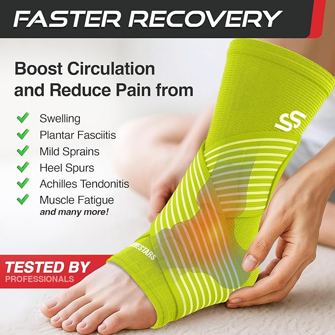 Sleeve Stars Ankle Brace for Women & Men, Ankle Wrap for Sprained Ankle, Compression Sleeve for Plantar Fasciitis Relief, Easy Customizable Support: w/ Removable Strap (Pair/M:10"-12"/Neon Yellow Green)