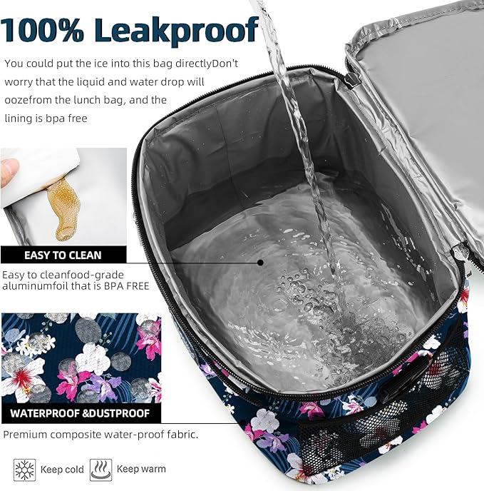 BEIMILY Lunch Box for Men/Women, Small Insulated Lunch Bag, Leak-Proof Soft Cooler Tote Bag, Reusable LunchBox for Work, Travel, Fitness, Picnic with Adjustable Shoulder Strap for Adults(floral white)