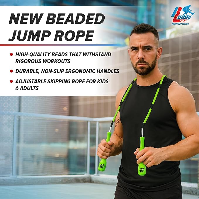 Buddy Lee New Beaded Jump Rope – Adjustable Skipping Rope for Kids & Adults – Durable, Tangle-Free Fitness Jump Rope with Ergonomic Handles for Cardio, Training & Outdoor Workouts