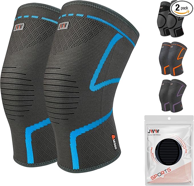 JWW Knee Compression Sleeve 2 Pack for Men and Women, Knee Brace for Knee Pain Relief, Comfortable Support for Running, Workout Sports and Daily Wear, Meniscus, ACL and Arthritis Recovery (Blue, L)