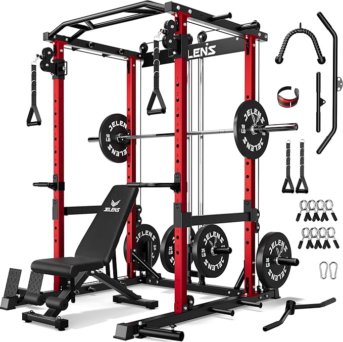 JELENS C12 Squat Rack for Home Gym, 2000LBS Power Rack with Adjustable Pulley System, Power Cage Workout Equipment with LAT Pulldown and Training Attachment