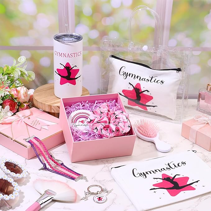 8 Pcs Gymnastics Party Favor Set Gymnastic Stuff Makeup Bag 15oz Water Cup Bracelet Keychain Scrunchies Mini Compact Mirror Gymnastics Gifts for Girls Women Gymnast Lover Yoga Sport Lovers Team Gift