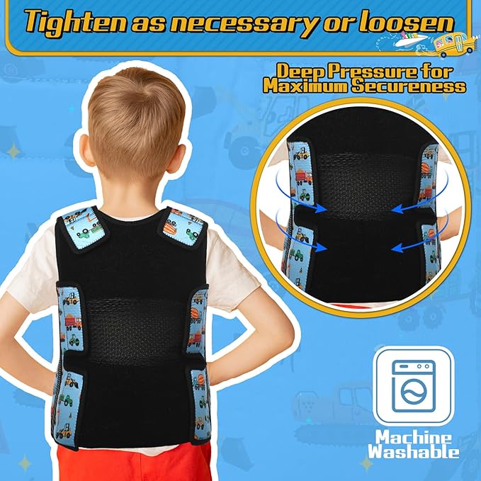 Janmercy Weighted Vest for Kids Ages 4 to 7 and Ages 8+ Boy Girl Adjustable Breathable Compression Vest for Processing Issue(Truck,Medium,Dark Blue)