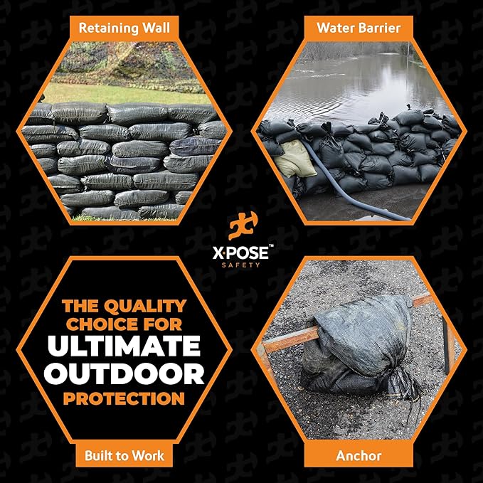 Xpose Safety Heavy Duty Sand Bags with Tie Strings – Empty Woven Polypropylene Sandbags for Hurricane Flood Protection, 100 lb Capacity, 14" x 26", Black, Bulk Full Pallet Pack of 8000