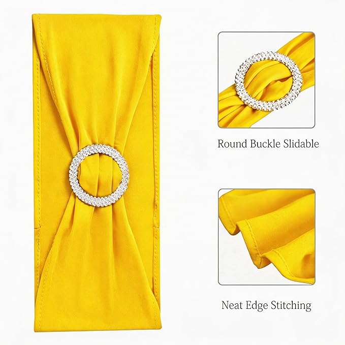 Wedding Yellow Chair Sashes 100 Pack Spandex Chair Bands with Buckles Stretch Chairs Bows for Party Birthday Bridal Shower Engagement Anniversary Christmas Event Decorations