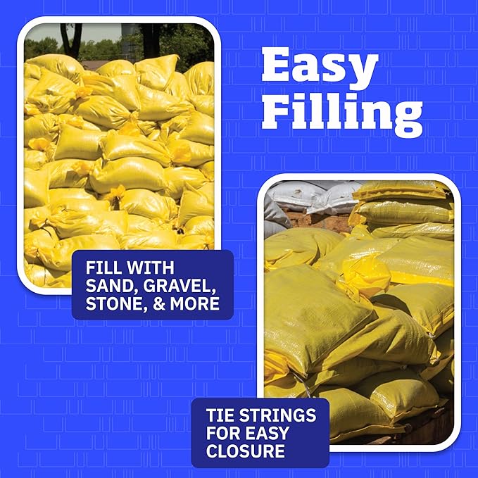 DURASACK Heavy Duty Sand Bags with Tie Strings Empty Woven Polypropylene Sand-Bags for Flood Control with 1600 Hours of UV Protection, 50 lbs Capacity, 14x26 inches, Yellow, Pack of 50