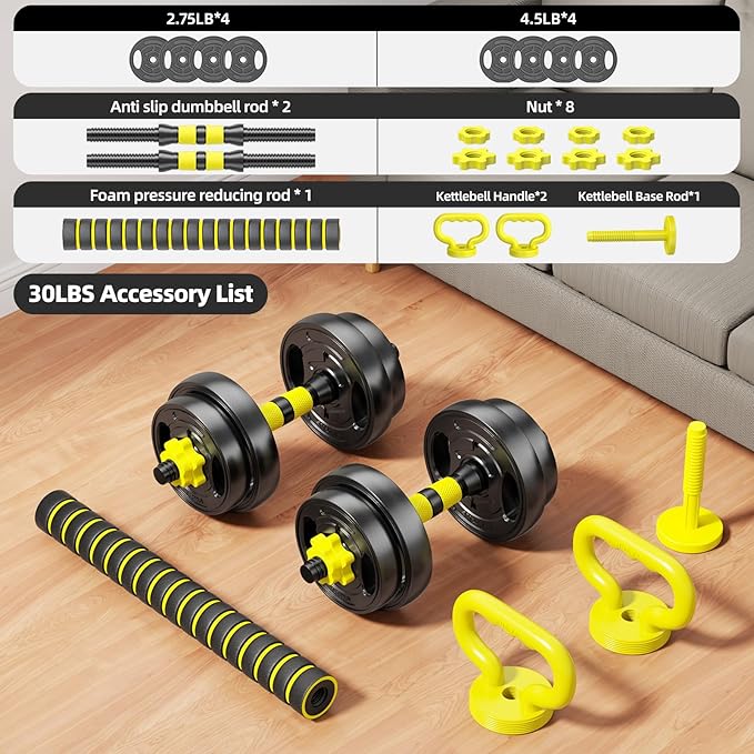 Adjustable Dumbbell Set, 10-90lbs Free Weights with Connector – 4 in 1 Dumbbells, Barbell, Kettlebell & Push Up Stand, Adjustable Weights Set for Home Gym Fitness Equipment for Men & Women
