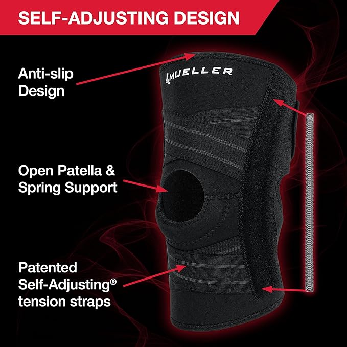 MUELLER Sports Medicine Self Adjusting Knee Brace for Men and Women, Knee Stabilizer for Compression and Pain Relief Support, Ideal for Arthritis, Sprains, Black, One Size