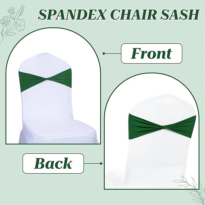 MDS Pack of 100 Spandex Chair Sashes Bows Elastic Stretch Dining Chair Bands Ties Without Slider Buckle Universal fits for Wedding Baby Shower Birthday Party Banquet Event Decoration - Green