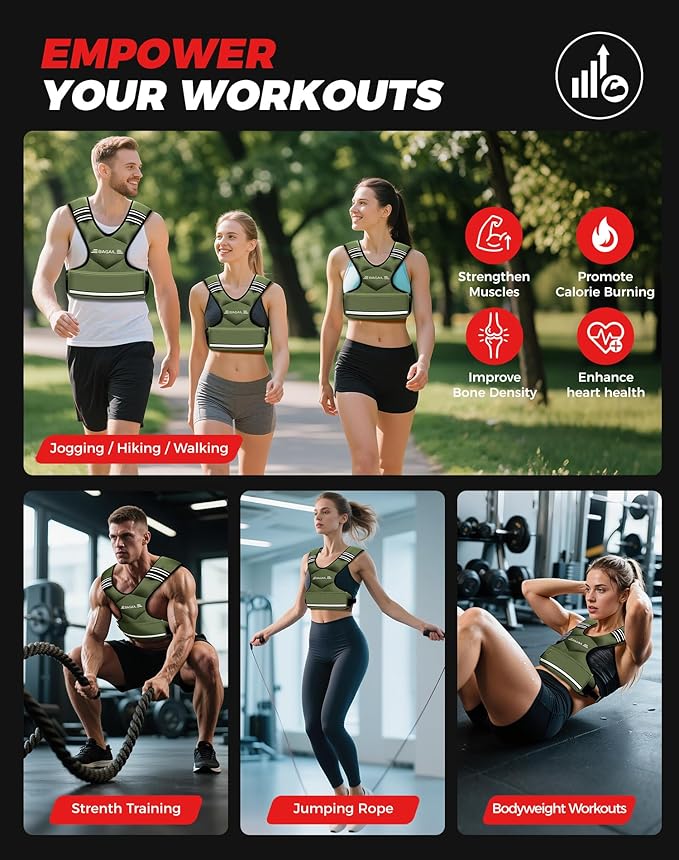 BAGAIL Adjustable Weighted Vest 4-10lb/12-18lb/20-32lb, Comfortable X-Shape & U-Neck Weight Vest for Women and Men Walking with 6 Removable Weights, Large Pocket and Reflective Strips