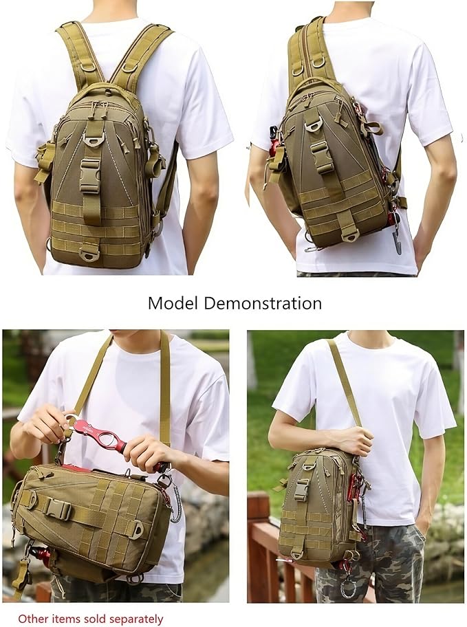 Mint & Moss Tactical Backpack for Men Water Resistant Tackle Backpack with Rod Holder & Tackle Box Kit, Lightweight Sling Fishing Bag for Trekking Survival Camping Fitness Travel (Brown)