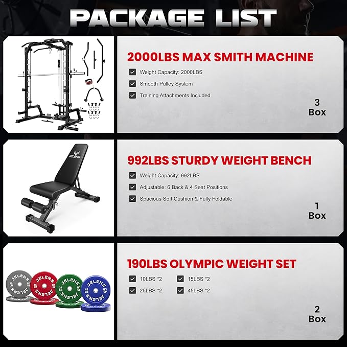 JELENS SR01 Smith Machine, 2000LBS Multi-Function Power Cage with LAT Pulldown System, All-in-One Home Gym Squat Rack with Smith Bar and Training Attachments for Full Body Workouts