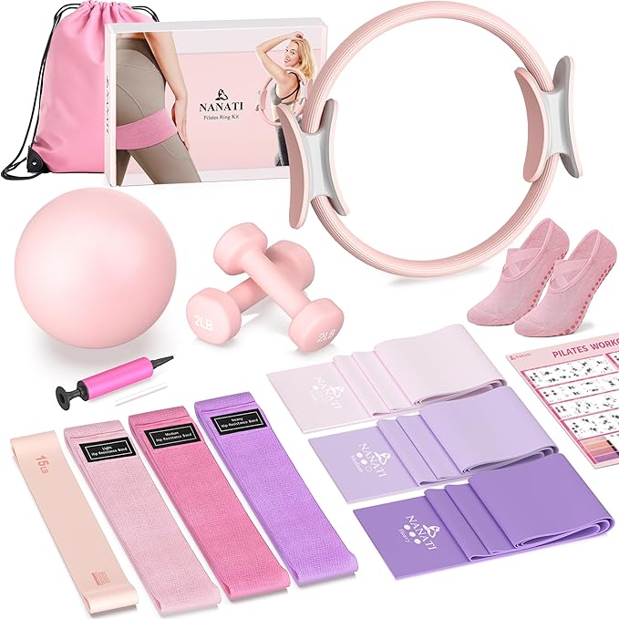 NANATI Pilates Kit, Pilates Essential Kit for Women, Pilates Equipment with 14.5" Pilates Ring and Ball, Resistance Bands,Dumbbells & Grip Socks Accessories, Home Pilates Workout Kit for Starter