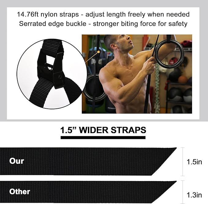 PACEARTH Gymnastic Rings 1100lbs Capacity with 14.76ft Adjustable Buckle Straps Pull Up Exercise Rings Non-Slip Rings for Home Gym Full Body Workout