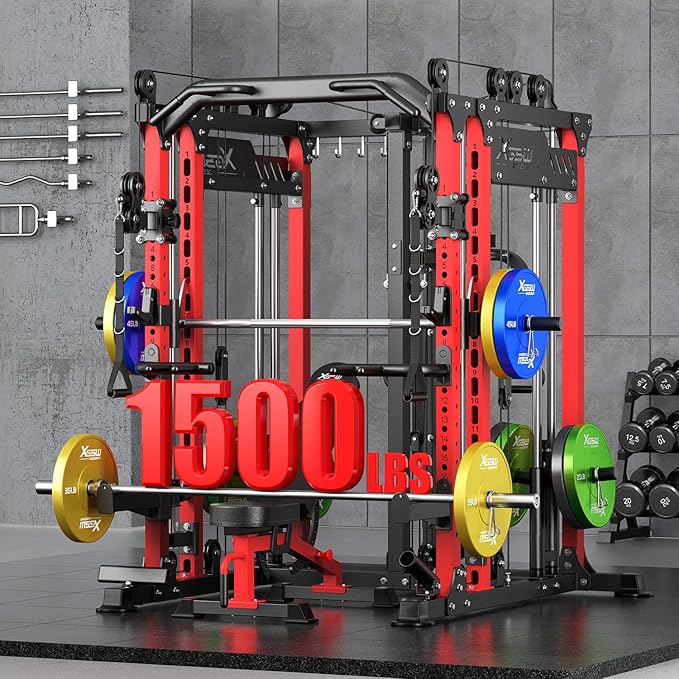 Smith Machine with Cable Crossover System, Multi-Function Power Cage Squat Rack for Home Gym, Power Rack and Packages Weight Sets.