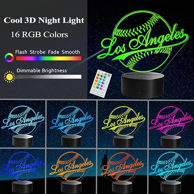 Baseball Los Angeles Night Light, LA Baseball Sport Gifts for Boy, 3D Illusion Lamp with Remote Control, 16 Colors Changing, RGB Flashing Mode and Dimmable, Gifts for Boys Christmas Decor