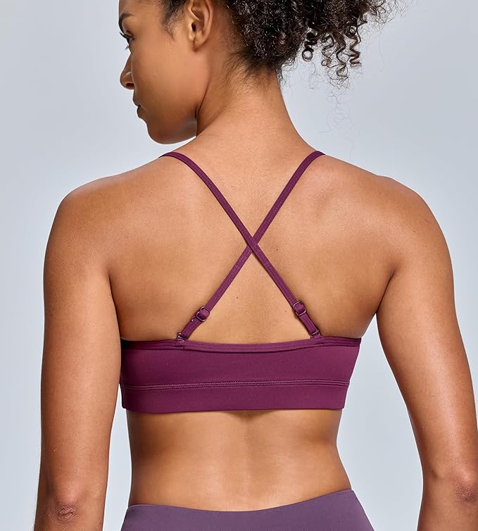 Oalka V Neck Sports Bra for Women Adjustable Padded Thin Straps Wireless Yoga Bras