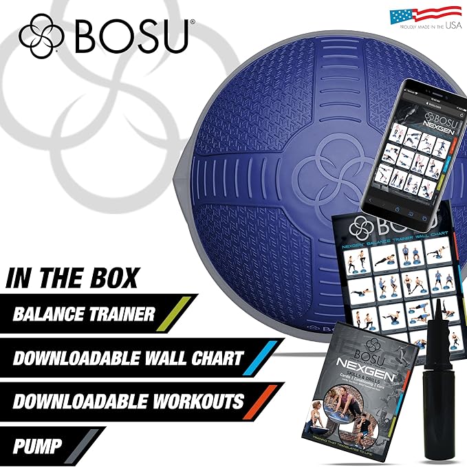 BOSU Nexgen Balance Trainer, Half-Ball Training Equipment, 65 cm Diameter, 300 lb Capacity - Burst-Resistant Stability Exercise Tool w/Non-Slip Base, Includes Hand Pump, Commercial-Grade
