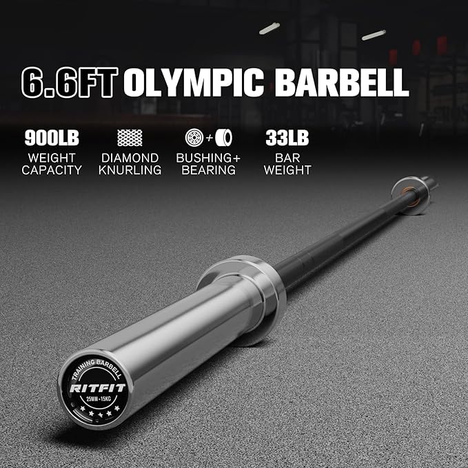 RitFit Elite 7ft Olympic Barbell, Robust 45lb Barbell for Weightlifting and Powerlifting, Superior Olympic Bar with Exceptional 500lbs Load Capacity, Weight Bar for 2” Standard Plates