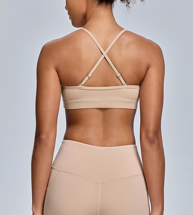 Oalka V Neck Sports Bra for Women Adjustable Padded Thin Straps Wireless Yoga Bras