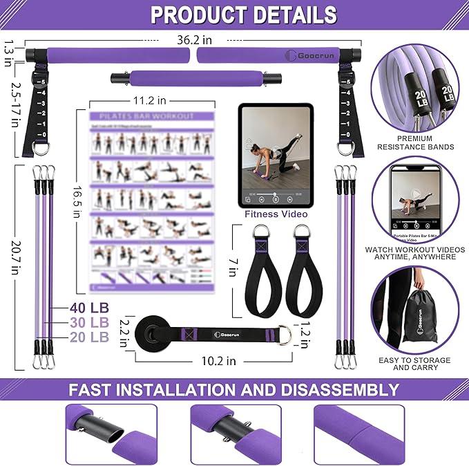 Goocrun Portable Pilates Bar Kit with Resistance Bands for Men and Women - 3 Set Exercise Resistance Bands - Multifunctional Home Gym - Supports Full-Body Workouts – with Fitness Poster and Video