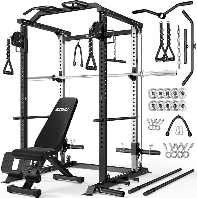 DP01 Power Cage, 2000LBS Squat Rack with with Cable Crossover and Dual Independent Pulley System, Full Cage for Full Body Training, Power Rack with More Training Attachments for Home Gym