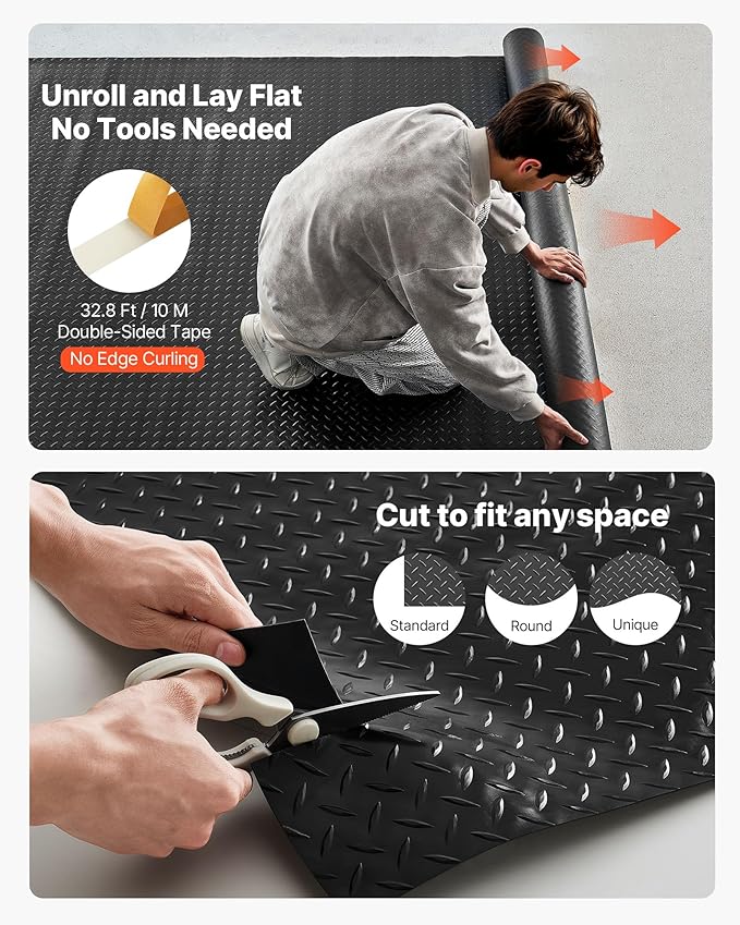 VEVOR Garage Floor Roll, 4 x 7 ft Garage Flooring Mat, 2.2 mm Thickened PVC Diamond Plate Floor Protector Mat with Double-Sided Tape, Non-Slip, Easy to Clean for Warehouse, Gyms, Trailer, Black