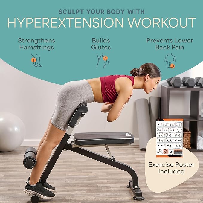 Lifepro SculptTrainer Roman Chair – Hyperextension Bench for Strength Training – Adjustable Back Extension Machine, Ab Bench & Foldable Sit-Up Bench for Athletes, Core Work & Home Gym Workouts