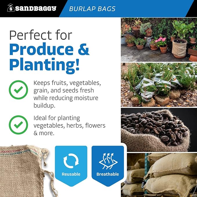 Sandbaggy Burlap Sand Bags - Size: 14" x 26" - 50 lb Weight Capacity - For Flooding, Flood Water Barrier, Tent, Empty (10 Bags)