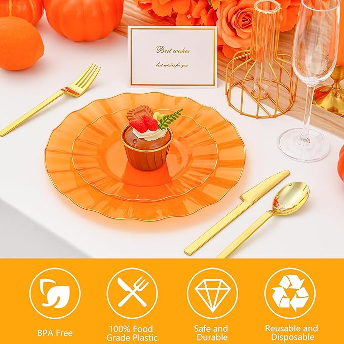 60pcs Orange Plastic Plates with Gold Rim, Clear Orange and Gold Plastic Plates, Fancy Disposable plate, 30 Dinner & 30 Dessert Plate for Party Wedding, Ware Design