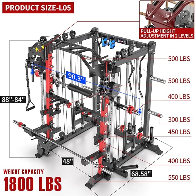 Multi-Purpose Squat Rack,Smith Machine Weight Rack Set with Cable Crossover System, Home Gym Power Racks, Power Racks and Packages