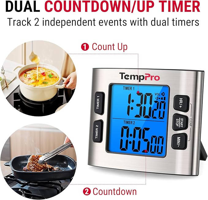 TempPro TM02 24H Digital Timer with Dual Kitchen Timers for Cooking, Magnetic Timer Clock with Adjustable Alarm Volume & LCD Backlit Display, Classroom Timer for Kids & Teachers (Previously ThermoPro)